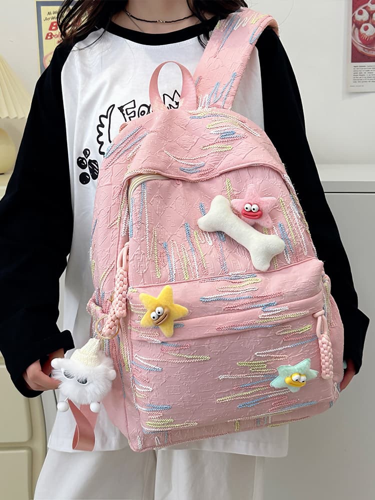 高校生 リュック 流れ星デザイン ふわもこチャーム付き学生リュック