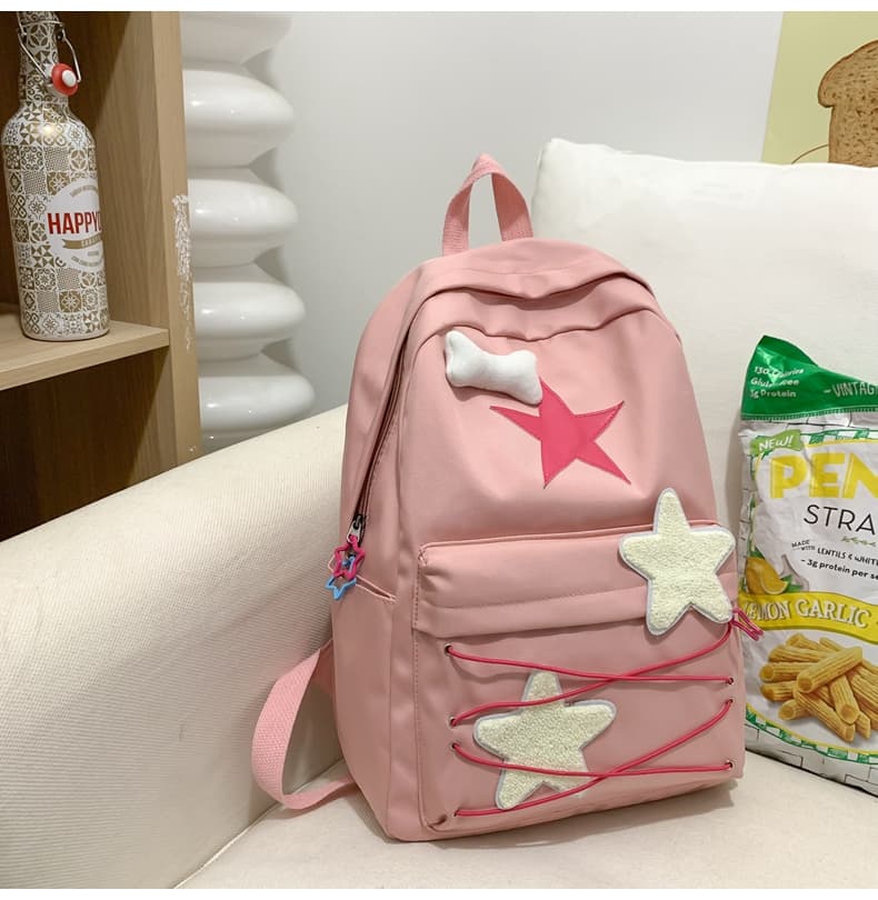 高校生リュック ピンク 星飾り付き学生リュック