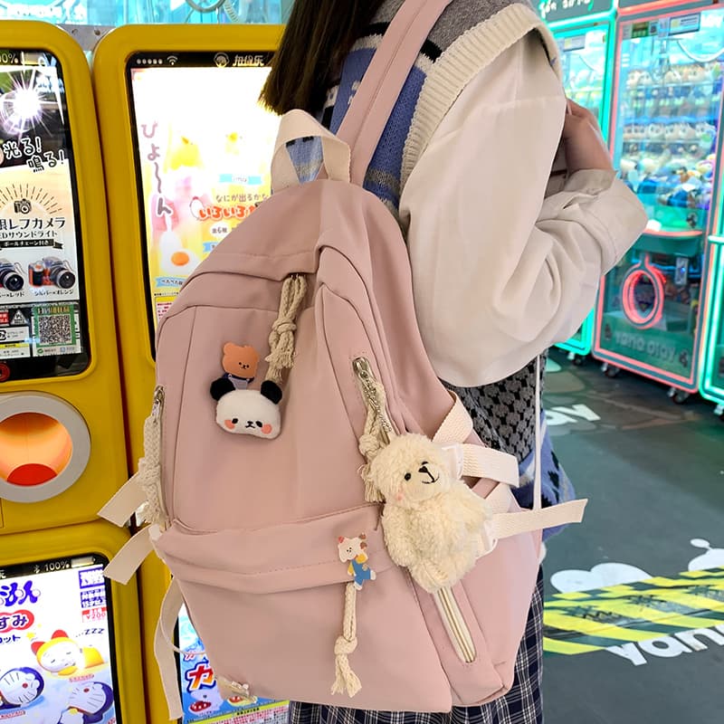 高校生 リュック ぬいぐるみチャーム付き学生リュック