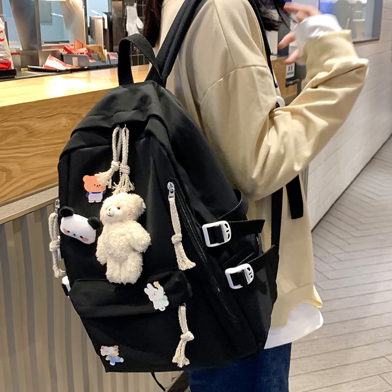 高校生 リュック ぬいぐるみチャーム付き学生リュック